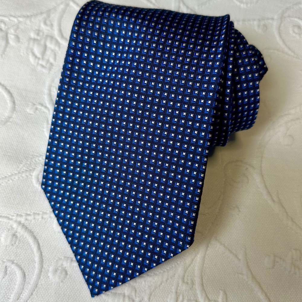 Lauren Ralph Lauren Men's Blue Geometric Silk Necktie Hand Finished Classic Prep
